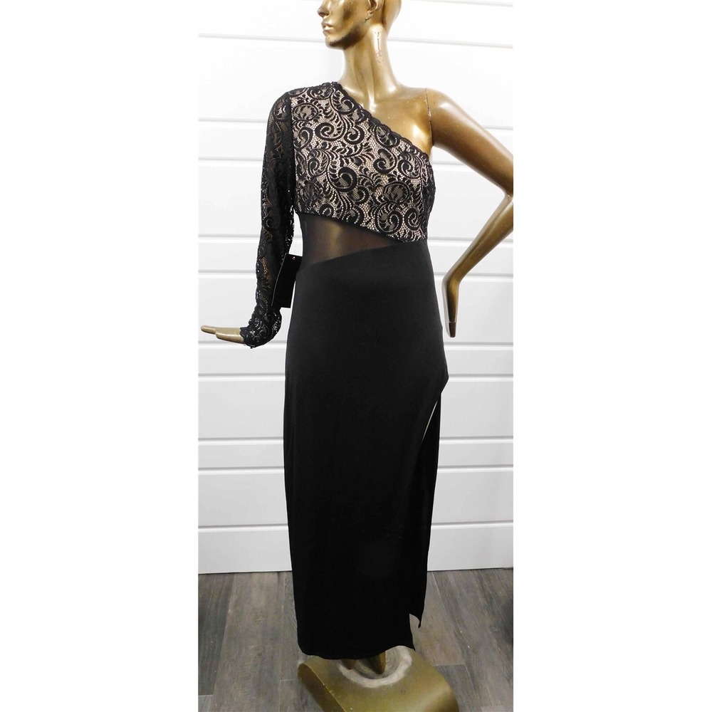 New bebe Black Lace Cut Out‎ One Shoulder Long Dress $178rt sz XL